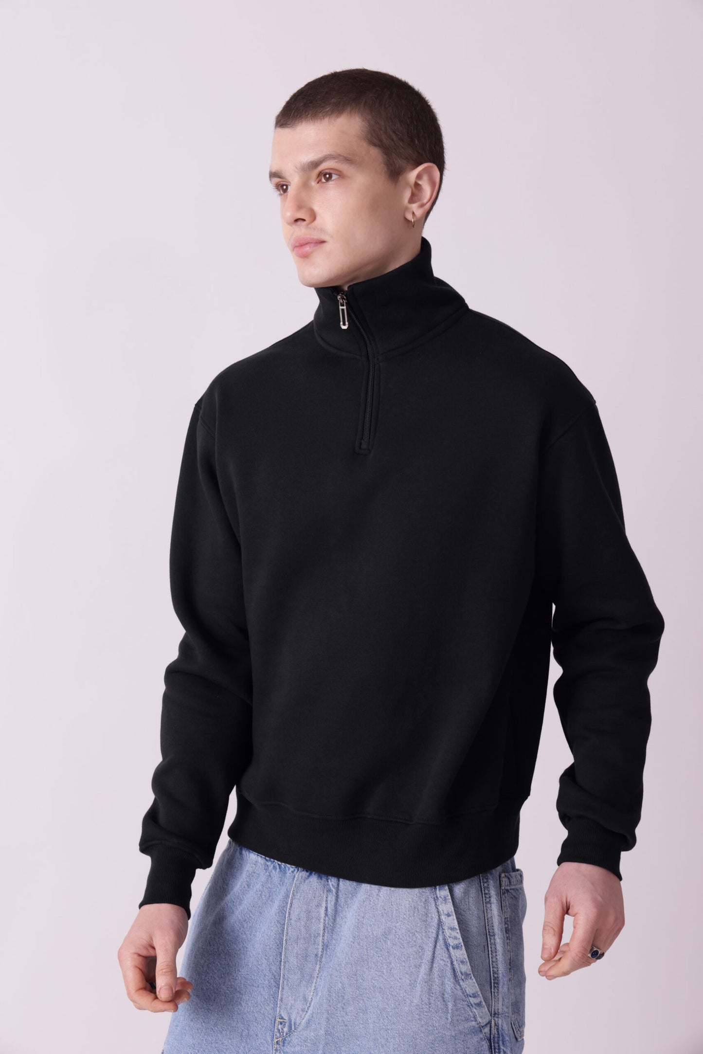 Black Turtle Neck Zipper Sweatshirt for Men