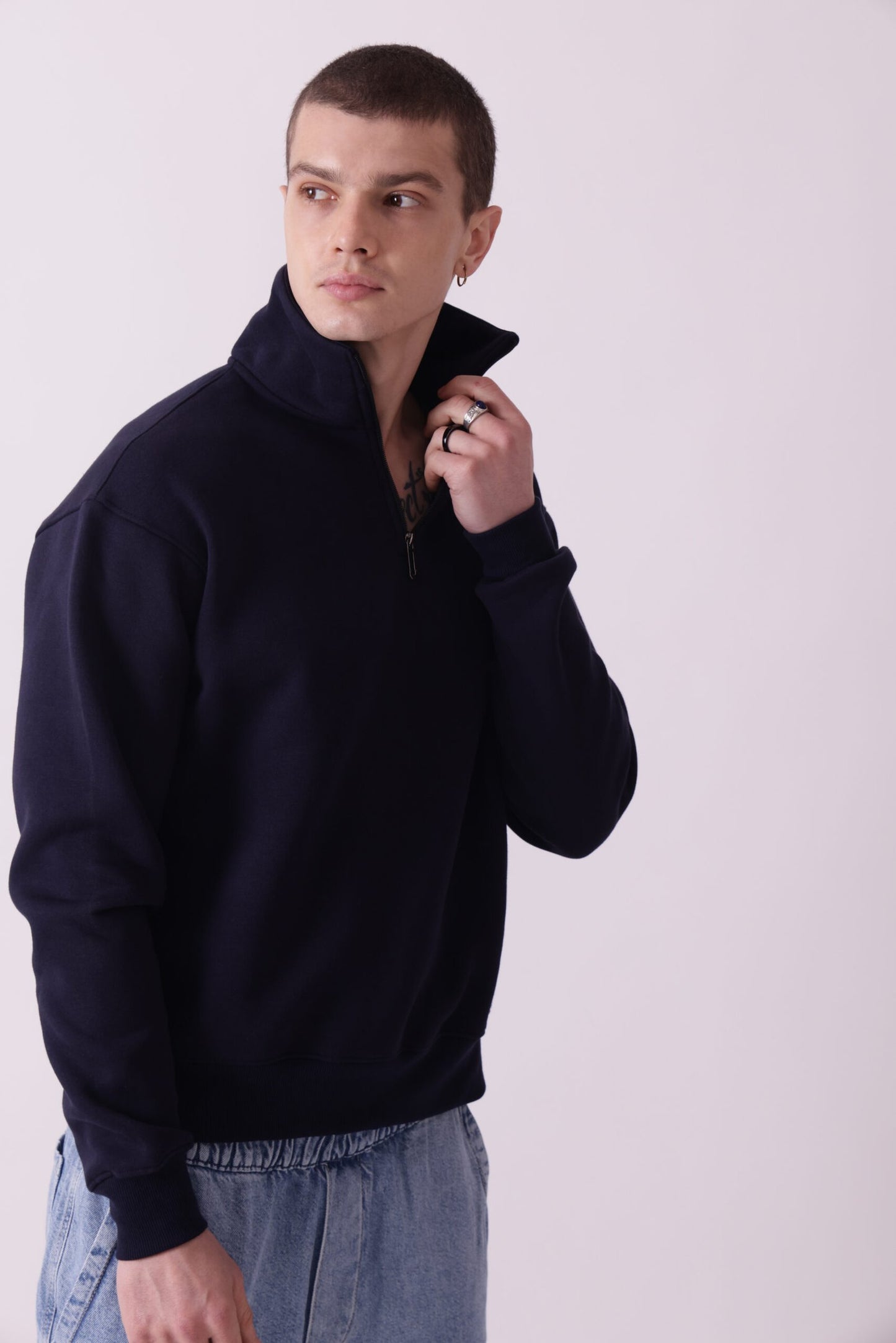 Navy Blue Turtle Neck Zipper Sweatshirt for Men