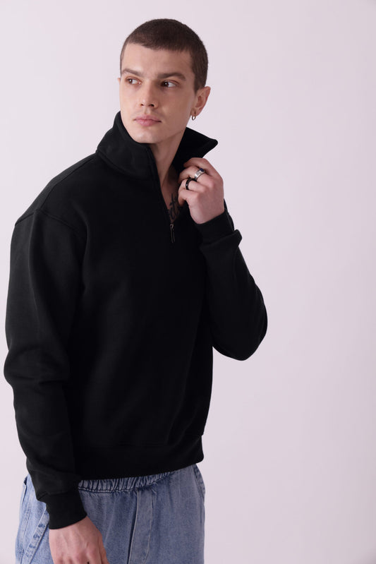 Black Turtle Neck Zipper Sweatshirt for Men