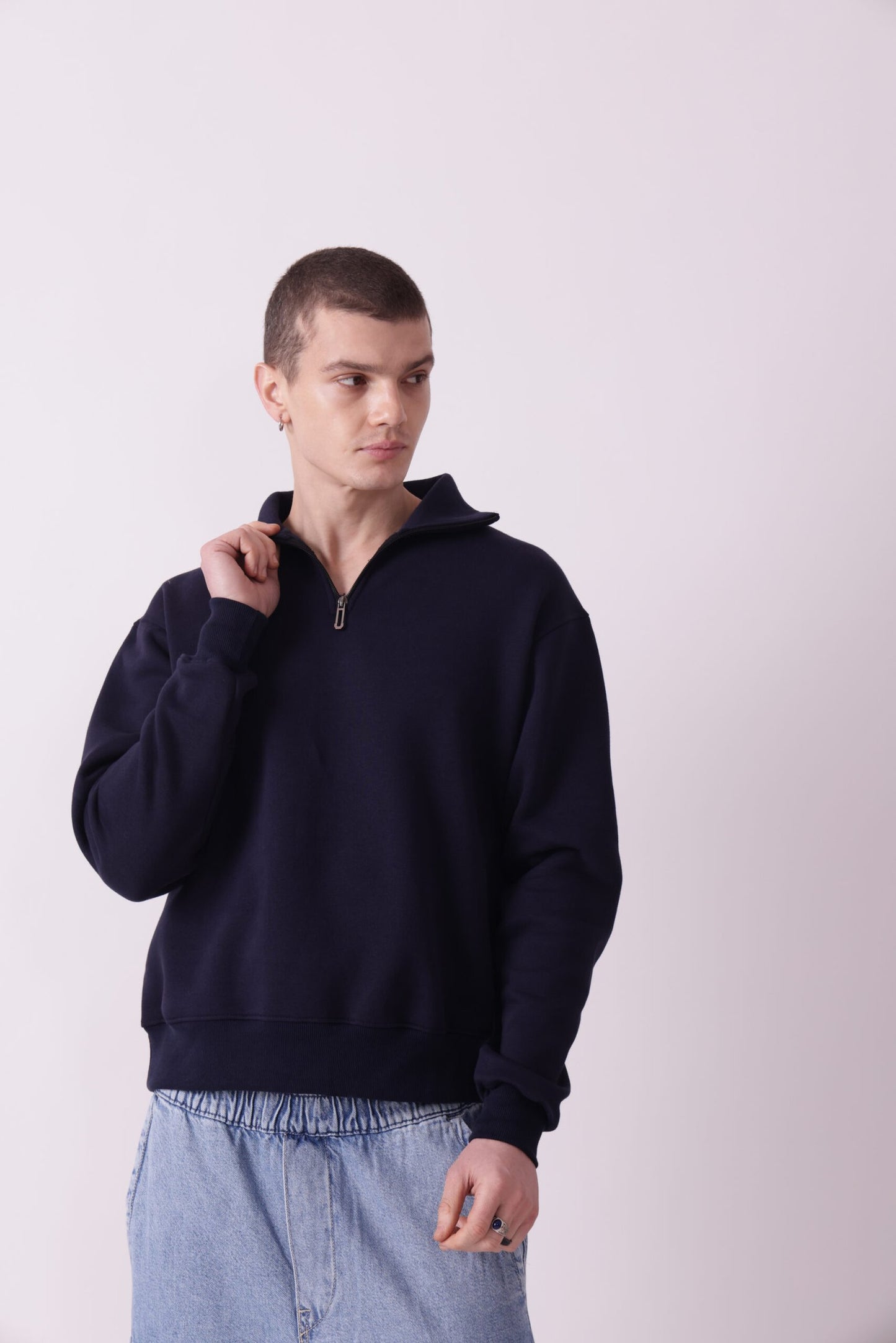 Navy Blue Turtle Neck Zipper Sweatshirt for Men