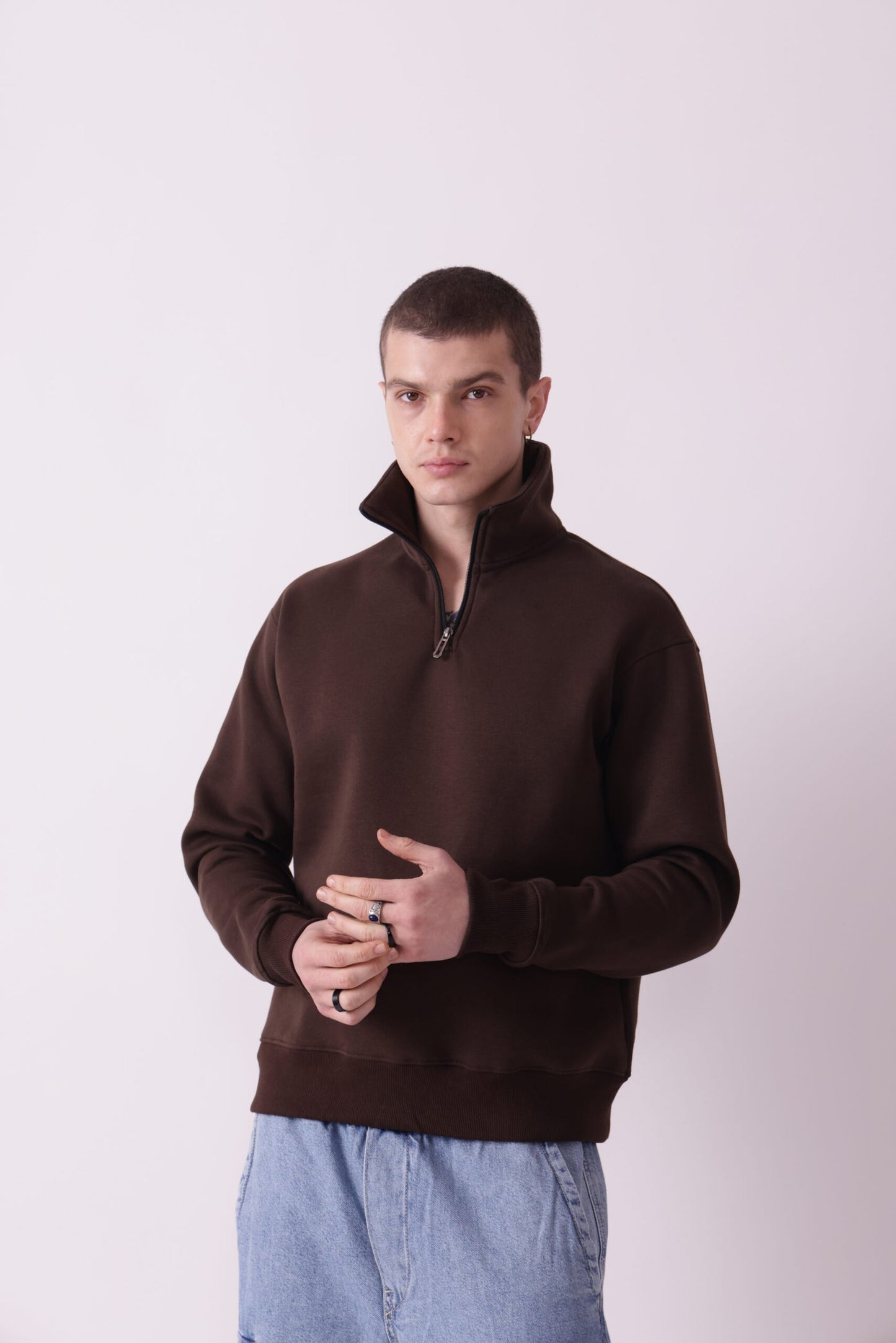 Brown Turtle Neck Zipper Sweatshirt for Men