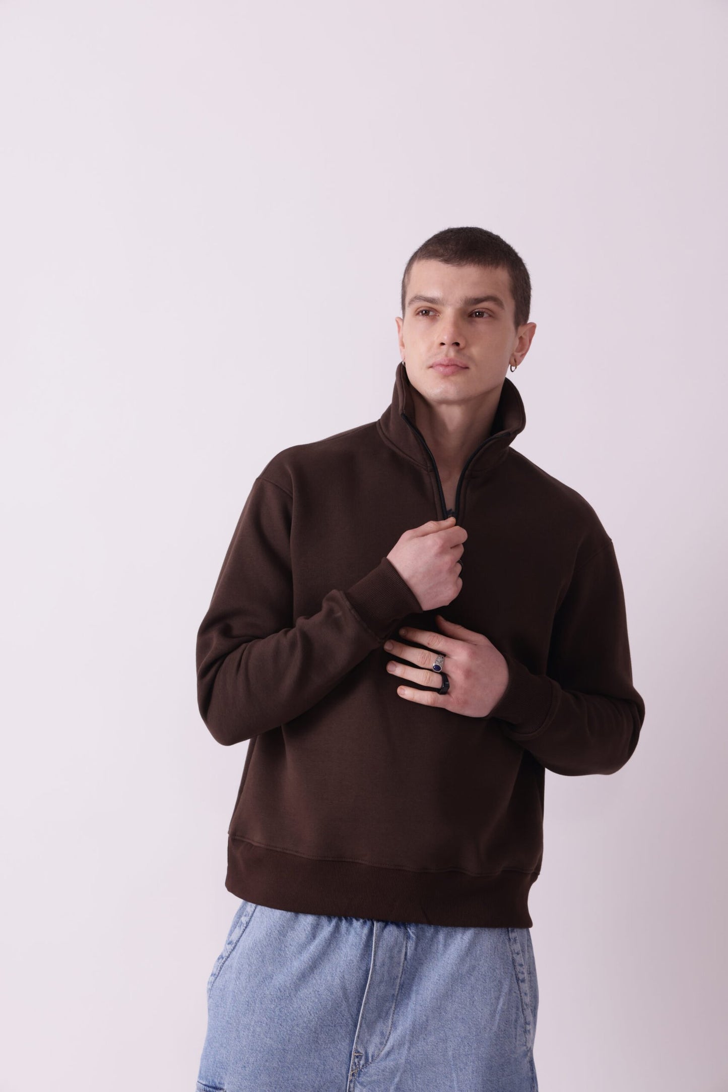 Brown Turtle Neck Zipper Sweatshirt for Men