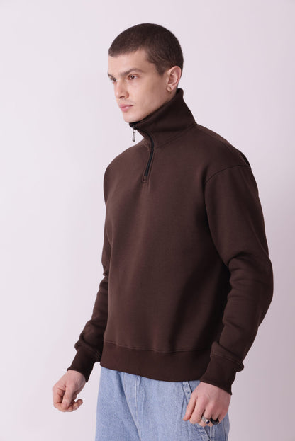 Brown Turtle Neck Zipper Sweatshirt for Men