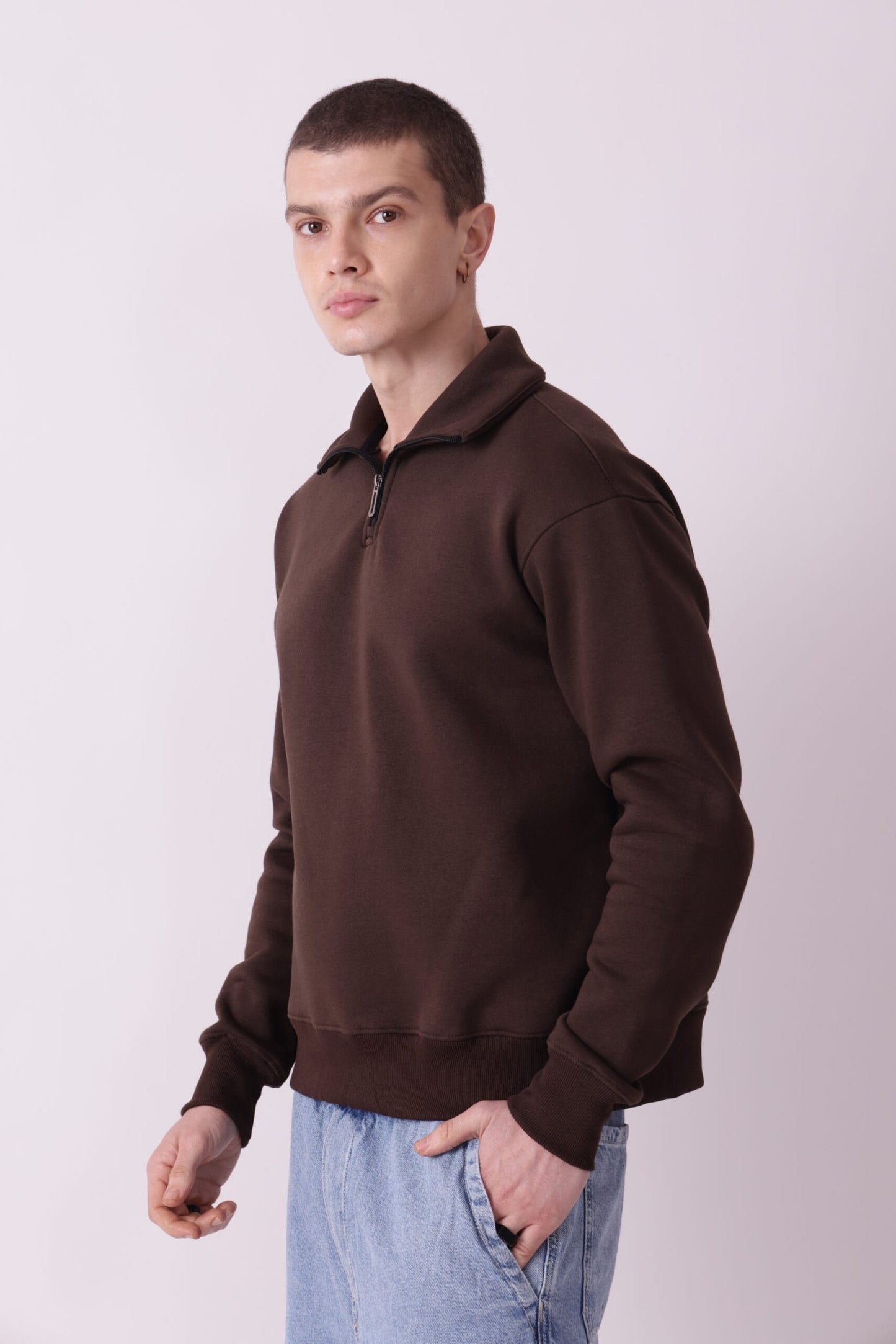 Brown Turtle Neck Zipper Sweatshirt for Men