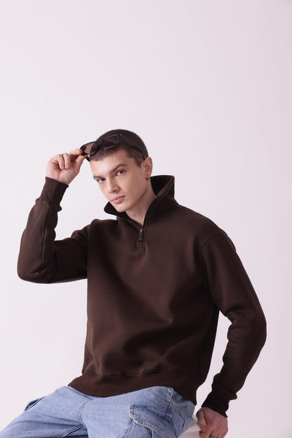 Brown Turtle Neck Zipper Sweatshirt for Men