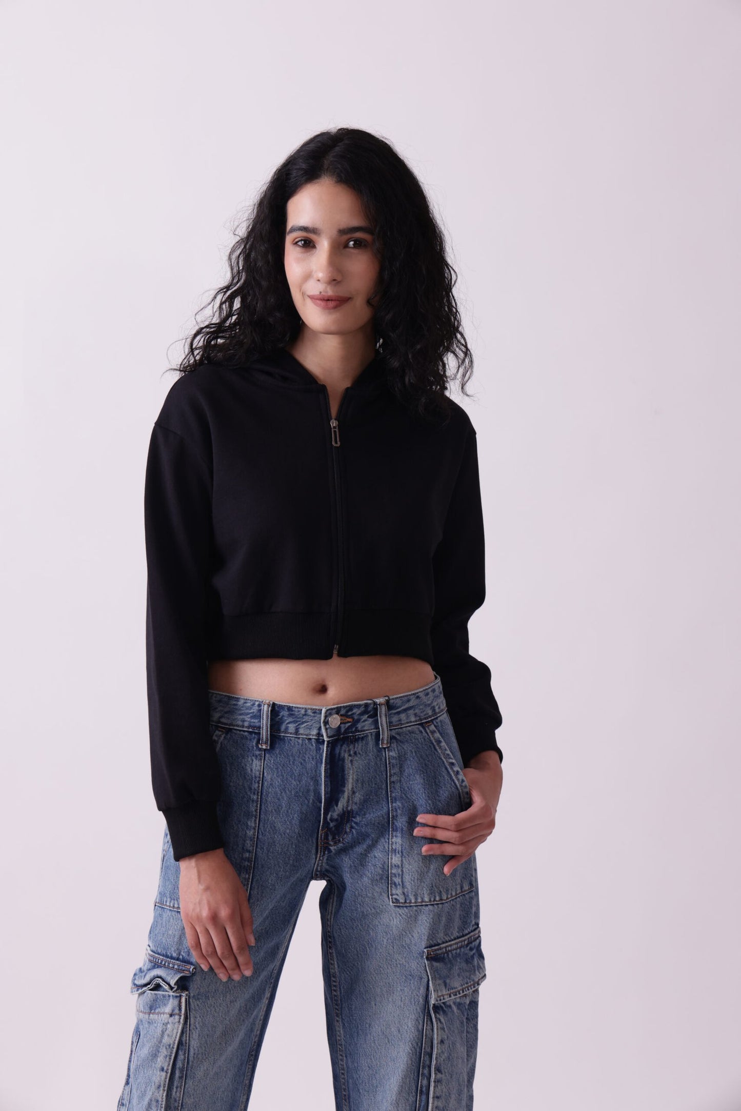 Black Cropped Oversized Zipper Hoodie for Women