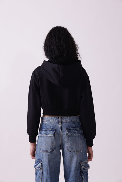 Black Cropped Oversized Zipper Hoodie for Women