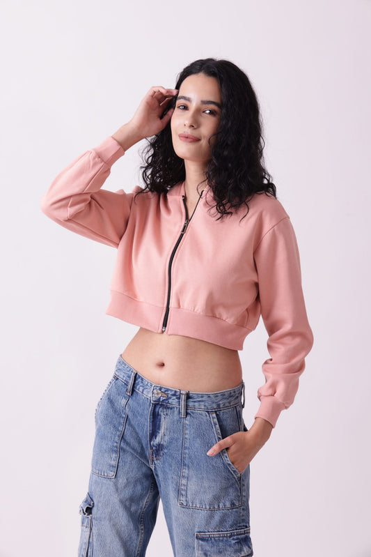 Pink Cropped Oversized Zipper Hoodie for Women