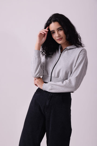 Grey Cropped Oversized Zipper Hoodie for Women