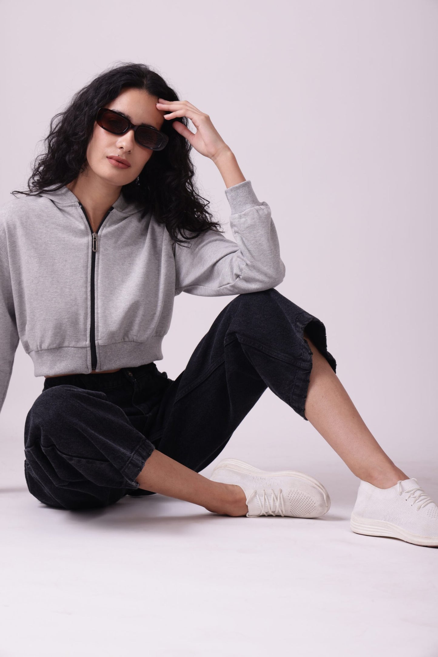 Grey Cropped Oversized Zipper Hoodie for Women